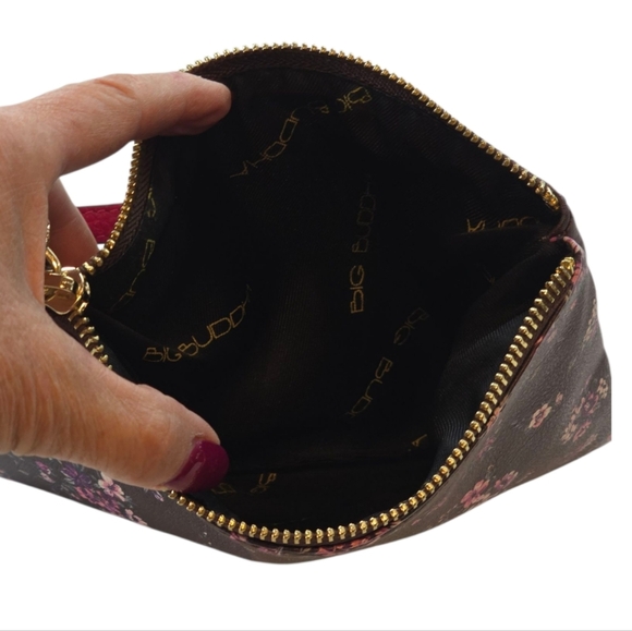 Big Buddah Faux Leather Brown Pink Floral Wristlet Pouch - Picture 4 of 7